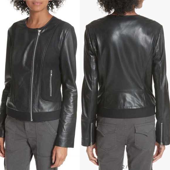 JOIE Morina Lambskin Leather Jacket Black Caviar Sz L Large Wool Moto Biker New - Picture 3 of 16